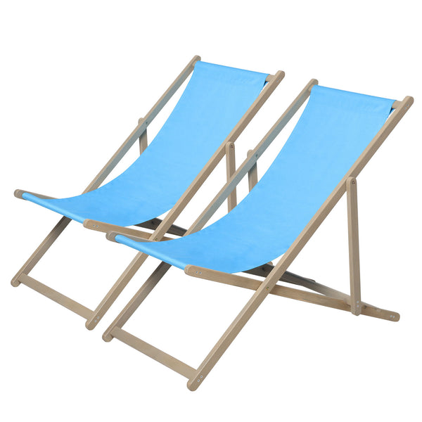 Beach Sling Patio Chair (Set of 2) Wooden Folding Outdoor Chairs 3 Level Height Adjustable - Blue