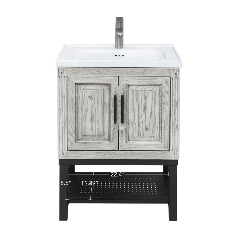 Modern Freestanding Bathroom Vanity With Ceramic Sink, Hot And Cold Faucet, Storage Cabinet & Open Shelf