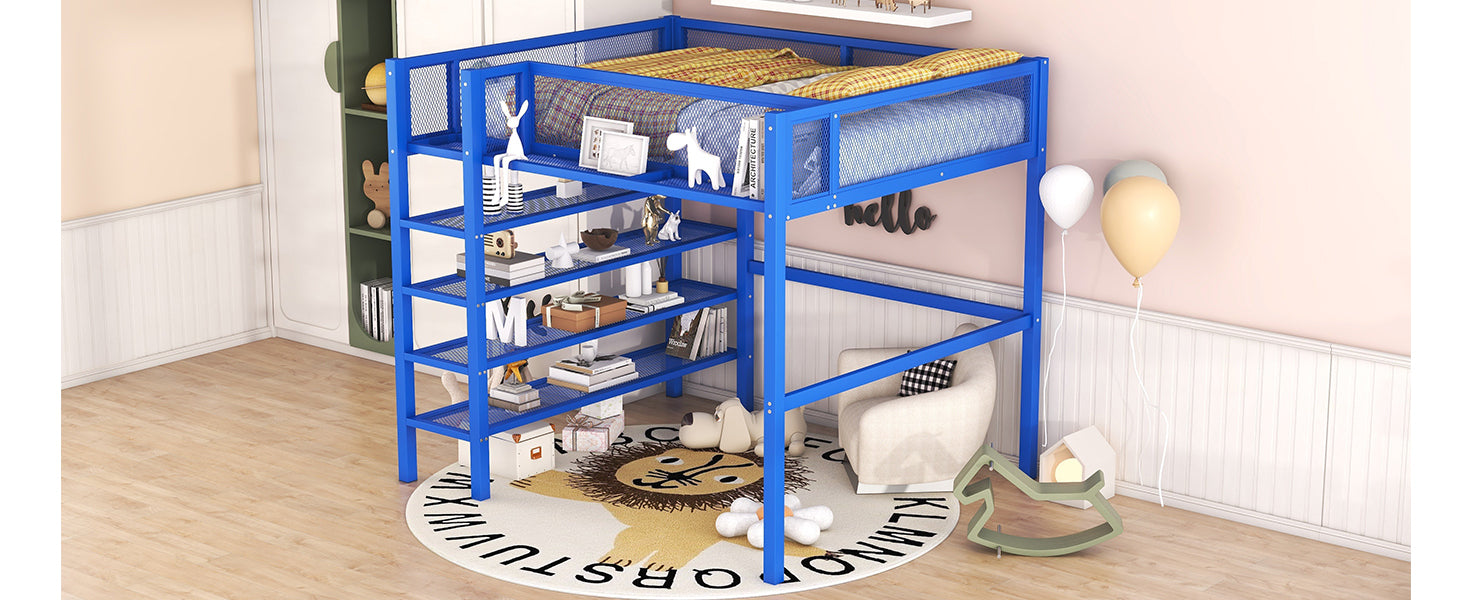 Full Size Metal Loft Bed with 4-Tier Shelves and Storage, Blue - Atlantic Fine Furniture Melbourne FL