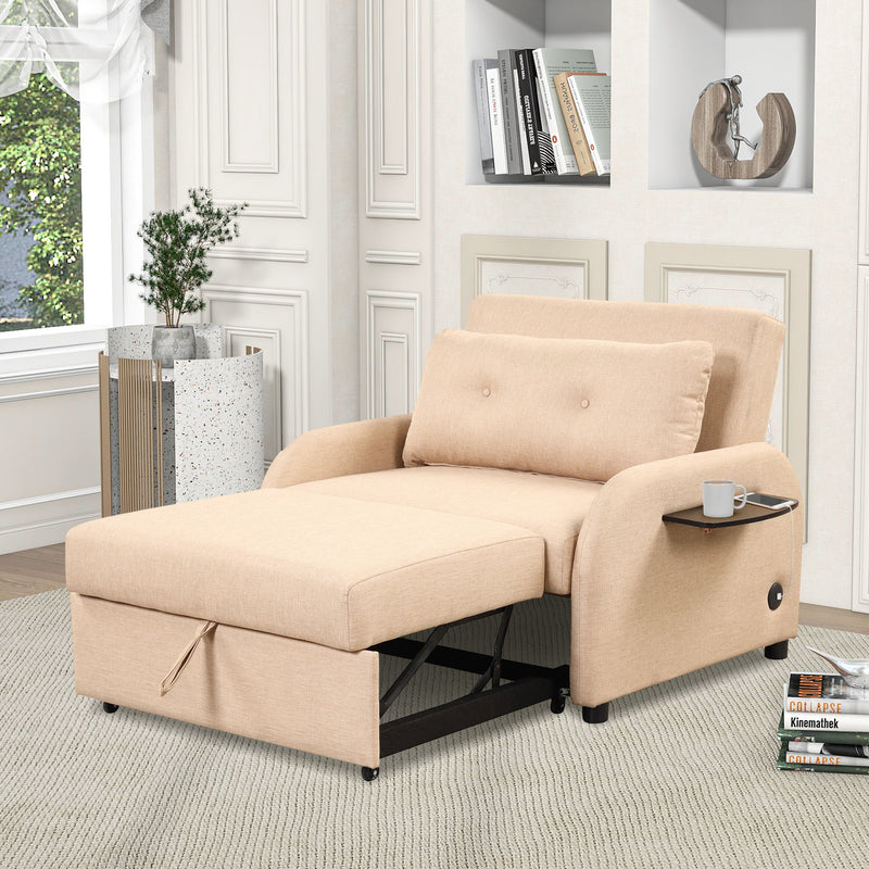 Pull Out Sofa Sleeper 3 In 1 With 2 Wing Table And USB Charge For Nap Line Fabric For Living Room Recreation Room