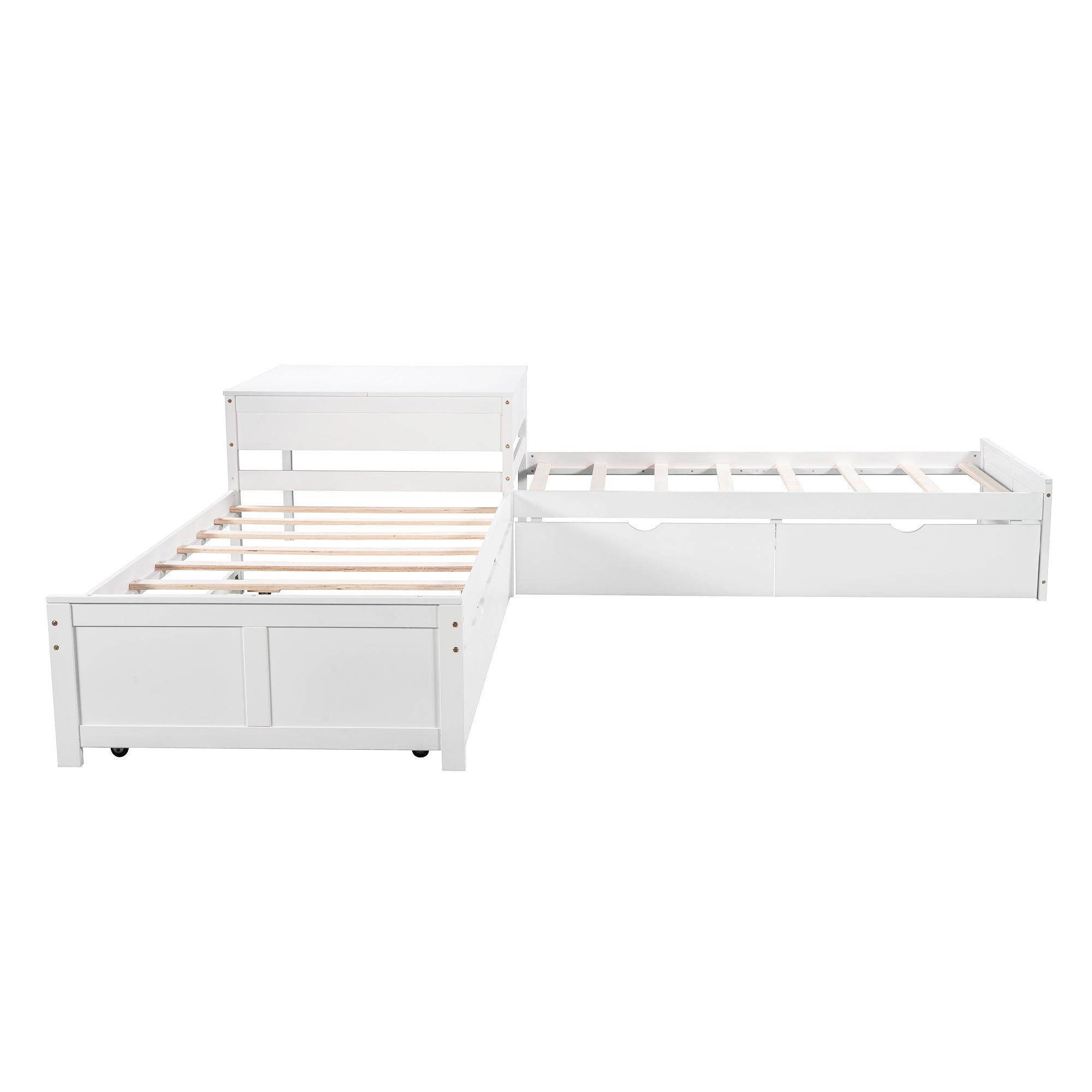 L-shaped Platform Bed with Trundle and Drawers Linked with built-in Desk,Twin,White - Atlantic Fine Furniture Melbourne FL