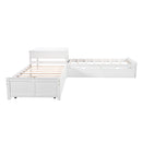 L-shaped Platform Bed with Trundle and Drawers Linked with built-in Desk,Twin,White