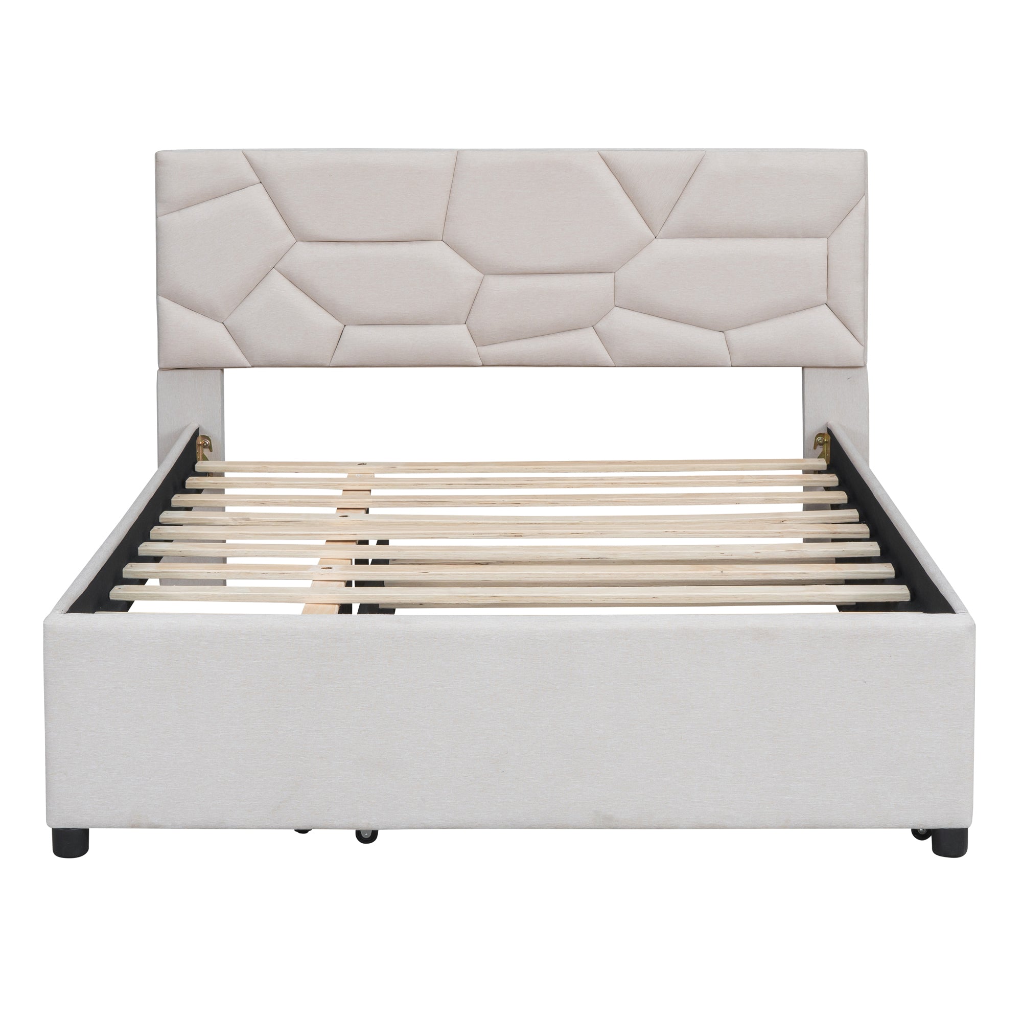 Full Size Upholstered Platform Bed with Brick Pattern Headboard and Twin Size Trundle, Linen Fabric, Beige - Atlantic Fine Furniture Melbourne FL