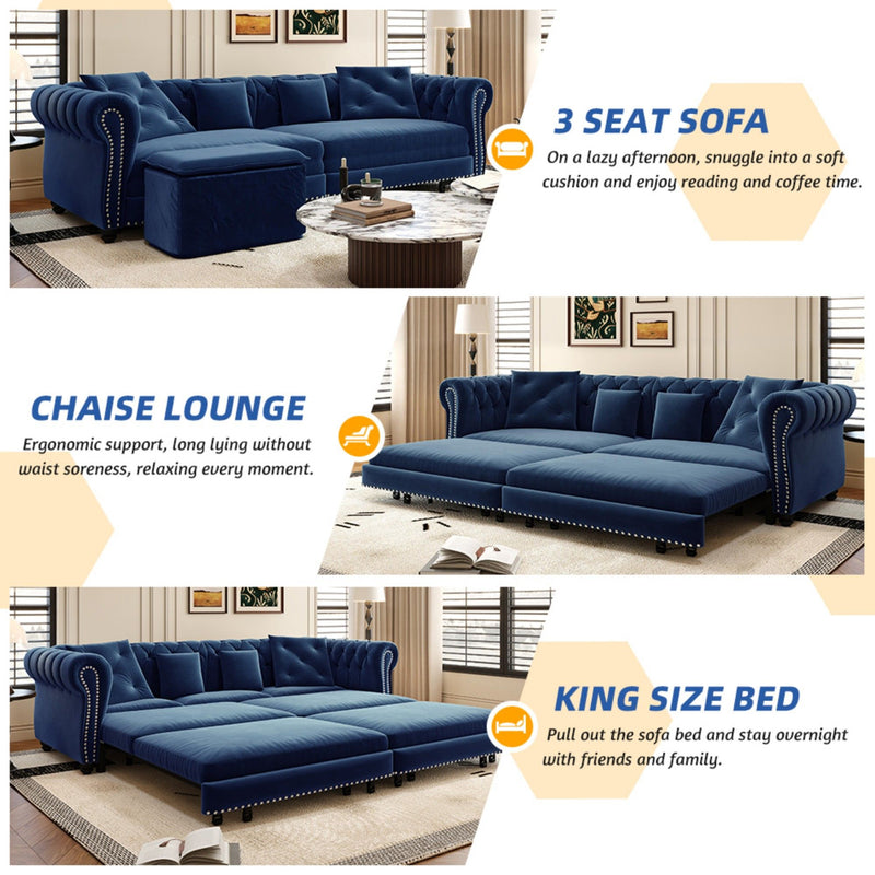 3 In 1 Pull Out Sofa Bed With Movable Ottoman