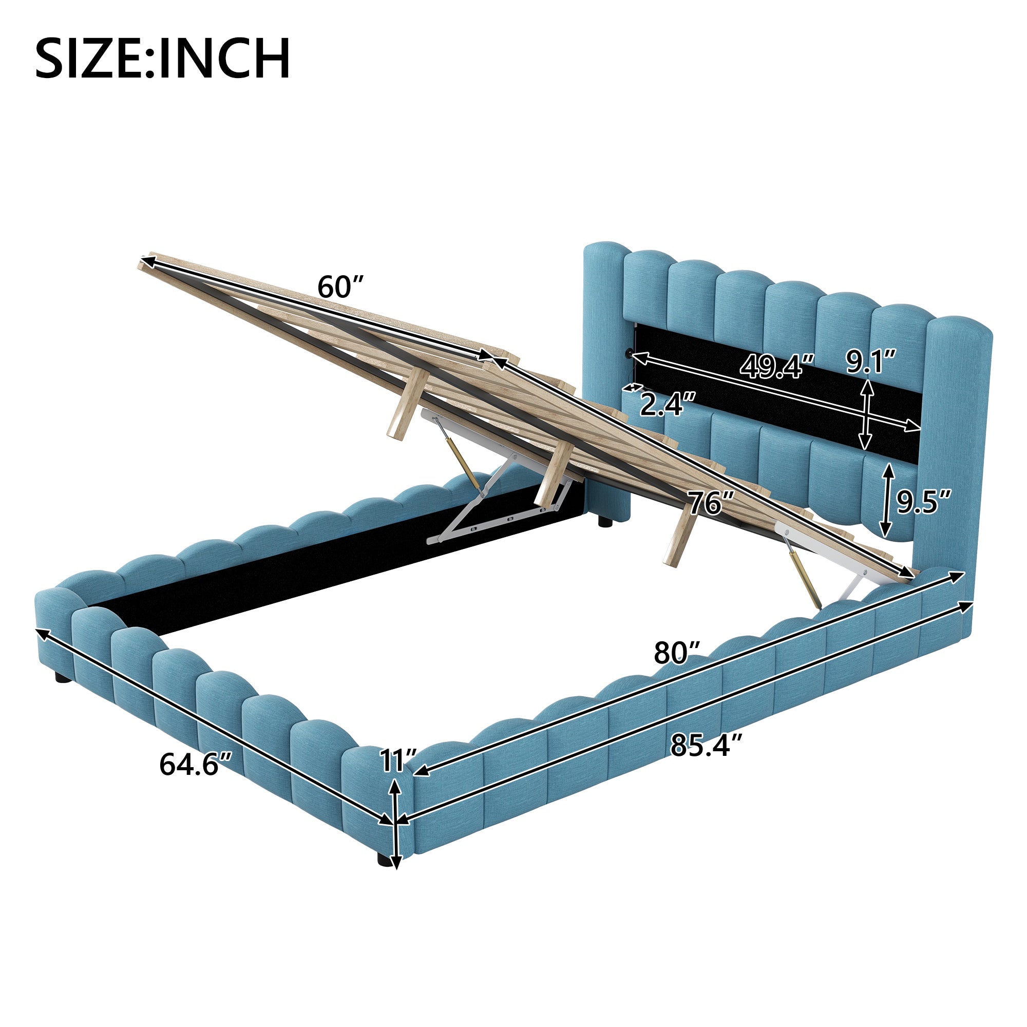 Queen Size Upholstered Platform Bed with LED Headboard and USB, Blue - Atlantic Fine Furniture Melbourne FL