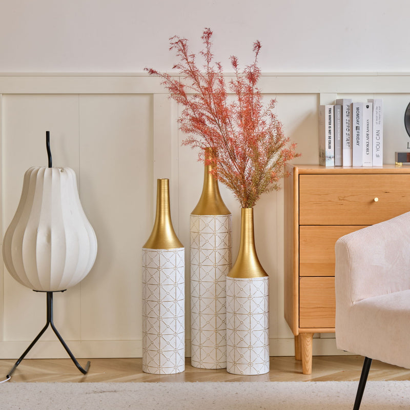 Floor Metal Vases Decorated White Metal Vases (Set of 3) Gorgeous Home Decoration Large Glazed Metal Vases - White / Gold