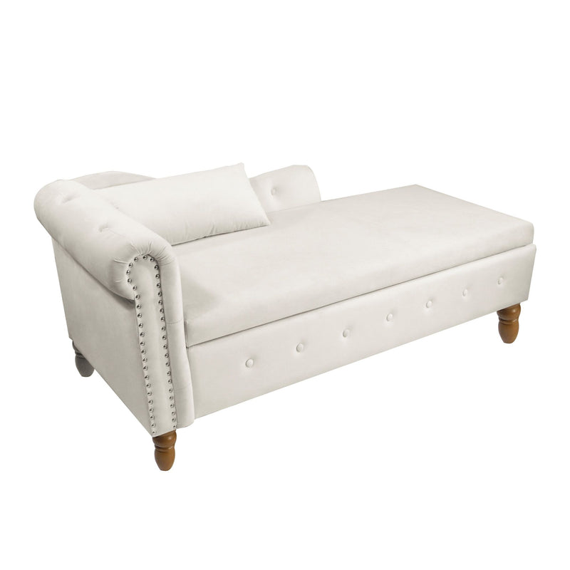 Chaise Lounge Indoor, Velvet Lounge Chair For Bedroom With Storage & Pillow, Modern Upholstered Rolled Arm Chase Lounge For Sleeping With Nailhead Trim For Living Room Bedroom Office