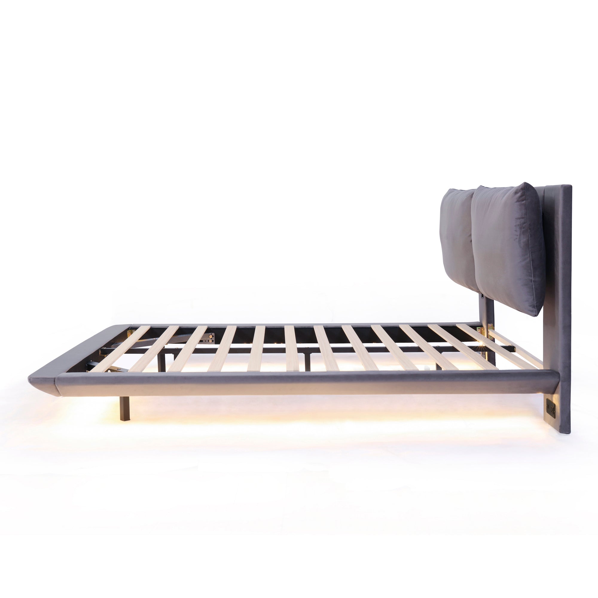 Queen Size Upholstered Platform Bed with Sensor Light and 2 Large Backrests, Stylish Platform Bed with 2 sets of USB Port and Socket on each rear Bed Leg, Gray - Atlantic Fine Furniture Melbourne FL