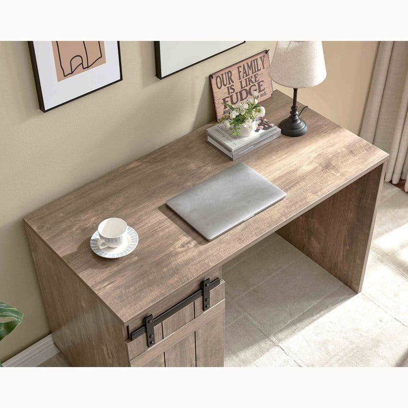 Home Office Desk Hazelnut One Cabinet Three Shelves Faux Barn Door On Metal Euro Hinges Modesty Panel - Light Brown