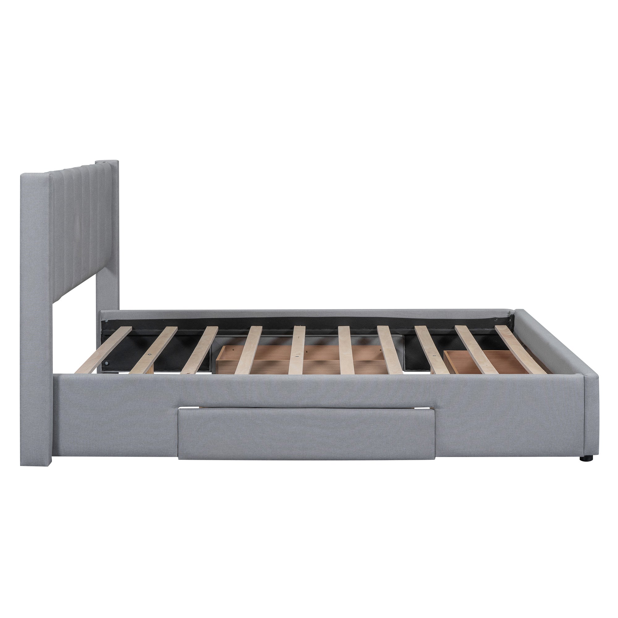 Queen Size Upholstered Platform Bed with One Large Drawer in the Footboard and Drawer on Each Side,Gray - Atlantic Fine Furniture Melbourne FL