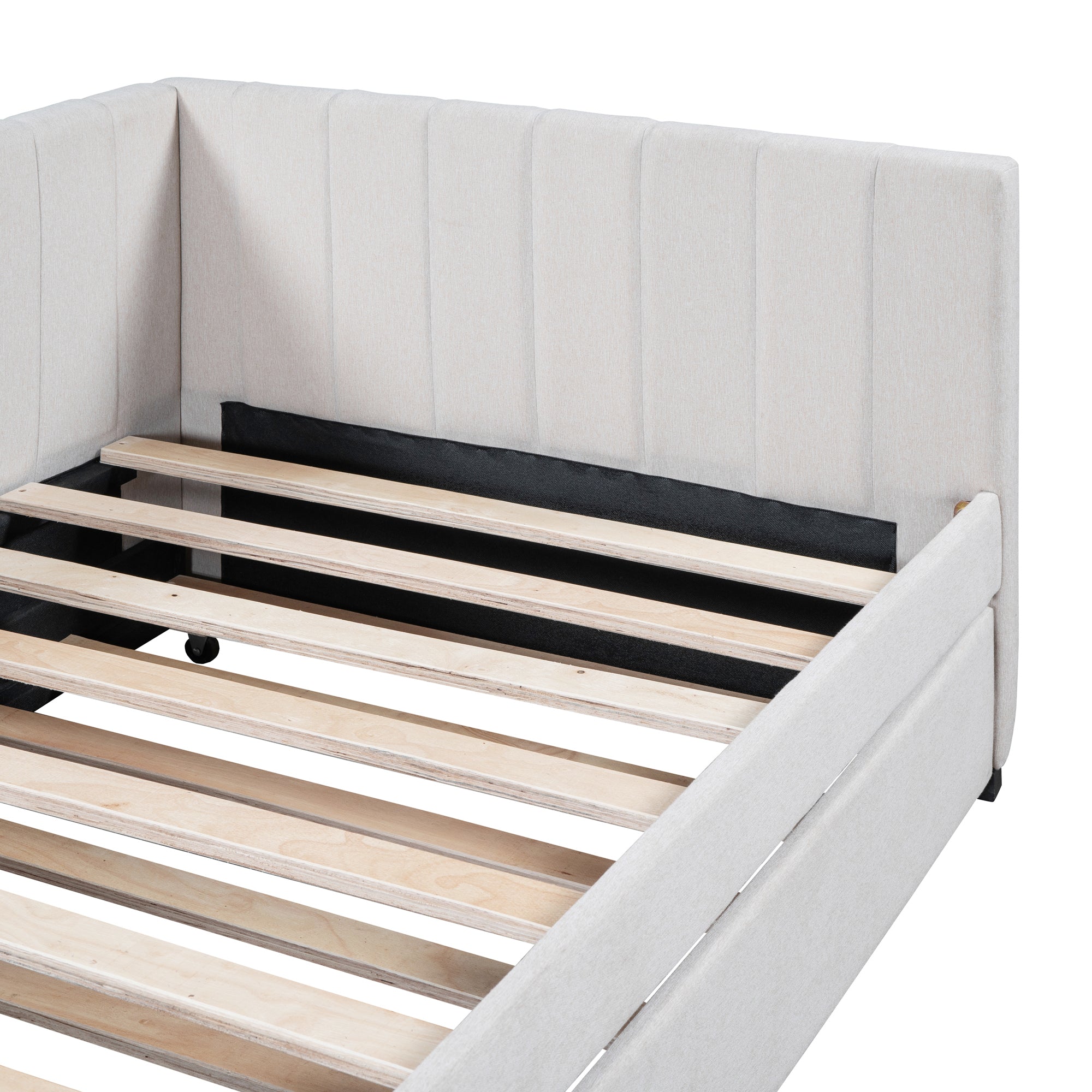Upholstered Daybed with Trundle Twin Size Sofa Bed Frame No Box Spring Needed, Linen Fabric(Beige) - Atlantic Fine Furniture Melbourne FL