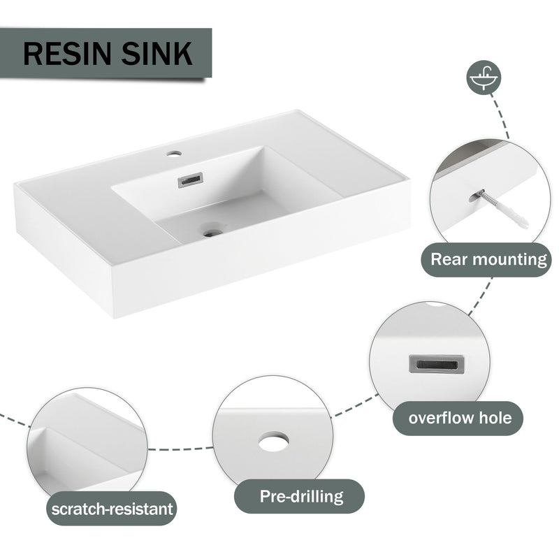 Contemporary Wall Mounted Bathroom Vanity With Resin Sink And 2 Side Cabinet - Imitative Oak
