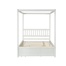 Full Size Canopy Bed with Twin Trundle, Kids Solid Wood Platform Bed Frame w/ Headboard, No Box Spring Needed White Color