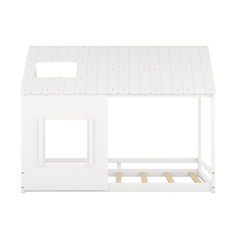 Full Size House Bed with Roof and Window - White