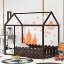 {Slats are not included}Twin Size Wood Bed House Bed Frame with Fence,for Kids,Teens, Girls,Boys {Espresso}{OLD SKU:WF194274AAP}