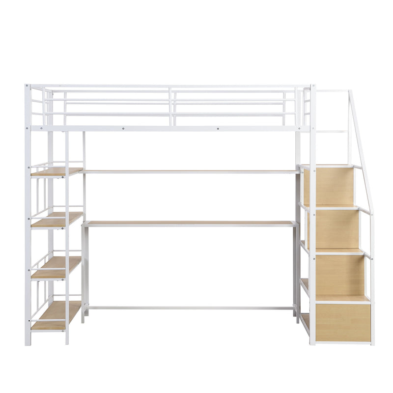 Twin Size Loft Bed With Built In Desk, Staircase Storage & 4 Tier Shelves - White