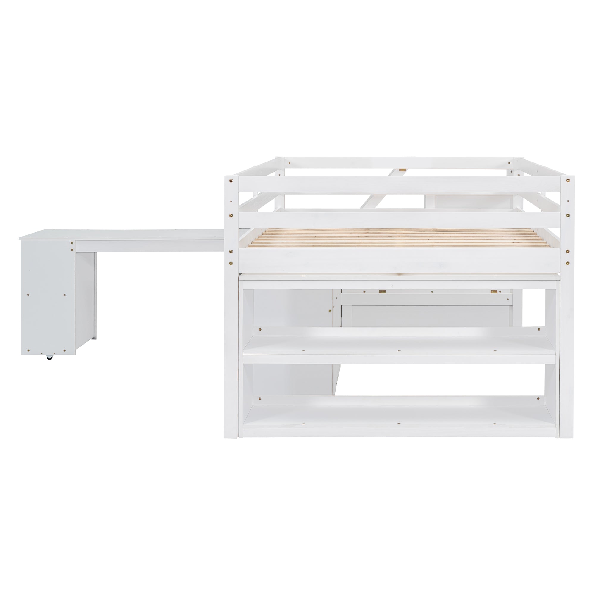 Full Size Loft Bed with Retractable Writing Desk and 3 Drawers, Wooden Loft Bed with Storage Stairs and Shelves, White - Atlantic Fine Furniture Melbourne FL