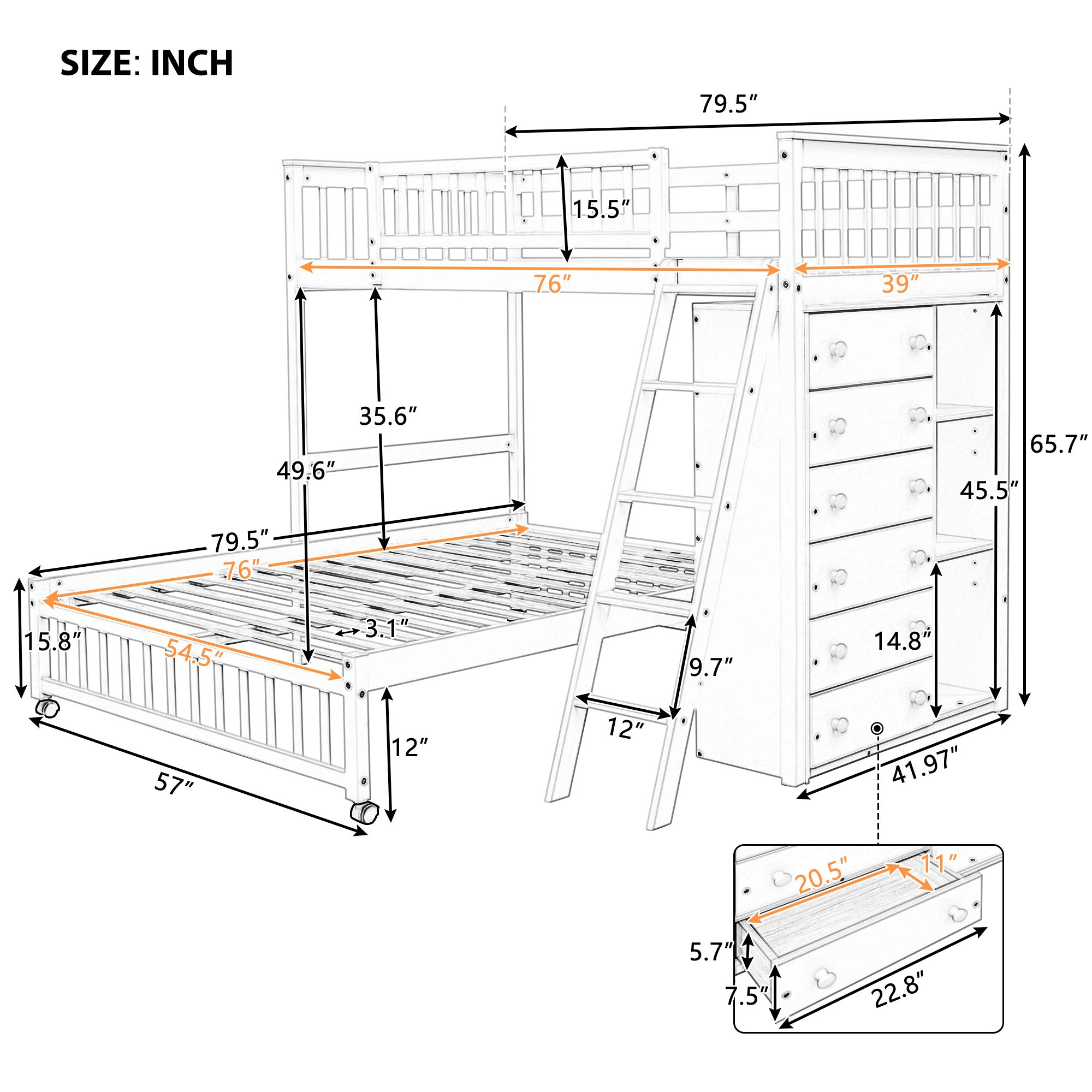 Wooden Twin Over Full Bunk Bed With Six Drawers And Flexible Shelves,Bottom Bed With Wheels,White(OLD SKU:LP000531AAK)