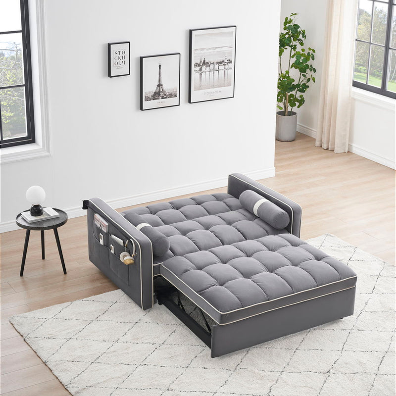 Modern Convertible Sleeper Sofa Couch With Pull Out Bed With Pillows & Side Pockets For Small Space, Living Room