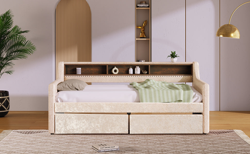 Twin Size Snowflake Velvet Daybed with Two Storage Drawers and Built-in Storage Shelves,Beige - Atlantic Fine Furniture Melbourne FL