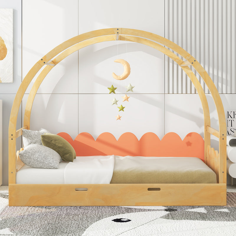 Twin size stretchable vaulted roof bed, children's bed pine wood frame, natural and orange