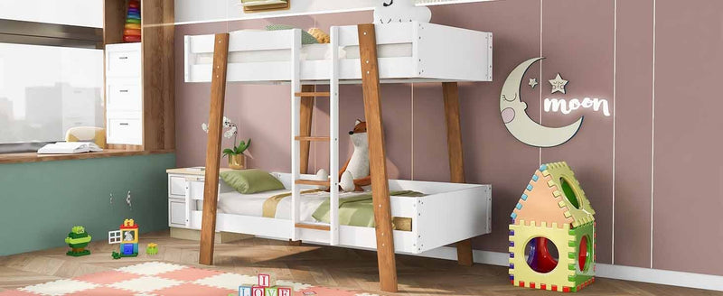 Wood Twin Size Bunk Bed with Built-in Ladder and 4 Wood Color Columns, White