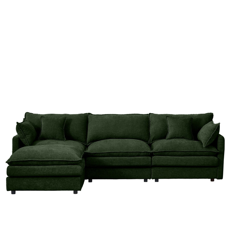 Modular Sectional Sofa 3 Seater L-Shaped Couch Set With Movable Ottoman - Green