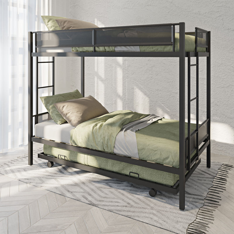 Metal Twin Over Twin Bunk Bed With Trundle/ Sturdy Metal Frame/ Noise Free Wood Slats/ Comfortable Textilene Guardrail/ 2 Side Ladders/ Space Saving Trundle/ Bunk Bed For Three/ No Box Spring Needed - Black