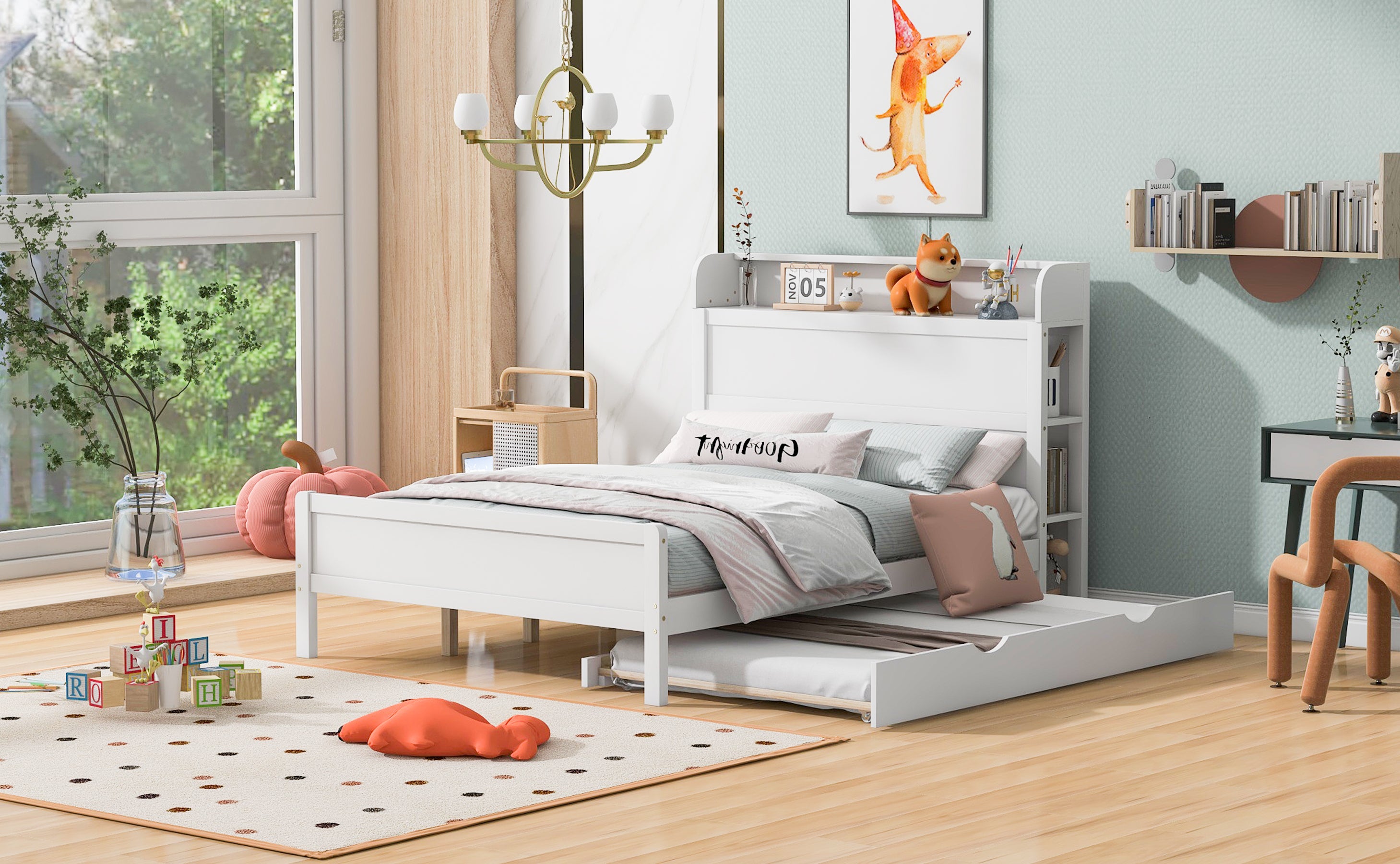 Full Size Platform Bed with Storage Headboard and Twin Size Trundle, White - Atlantic Fine Furniture Melbourne FL