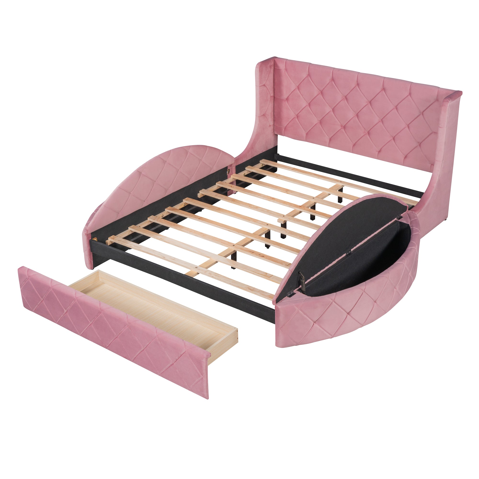 Upholstered Platform Bed Queen Size Storage Velvet Bed with Wingback Headboard and 1 Big Drawer,2 Side Storage Stool(Pink) - Atlantic Fine Furniture Melbourne FL