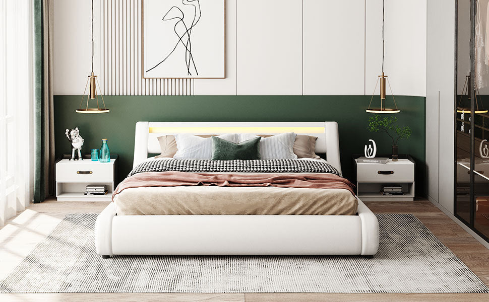 Upholstered Faux Leather Platform bed with a Hydraulic Storage System with LED Light Headboard Bed Frame with Slatted Queen Size - Atlantic Fine Furniture Melbourne FL