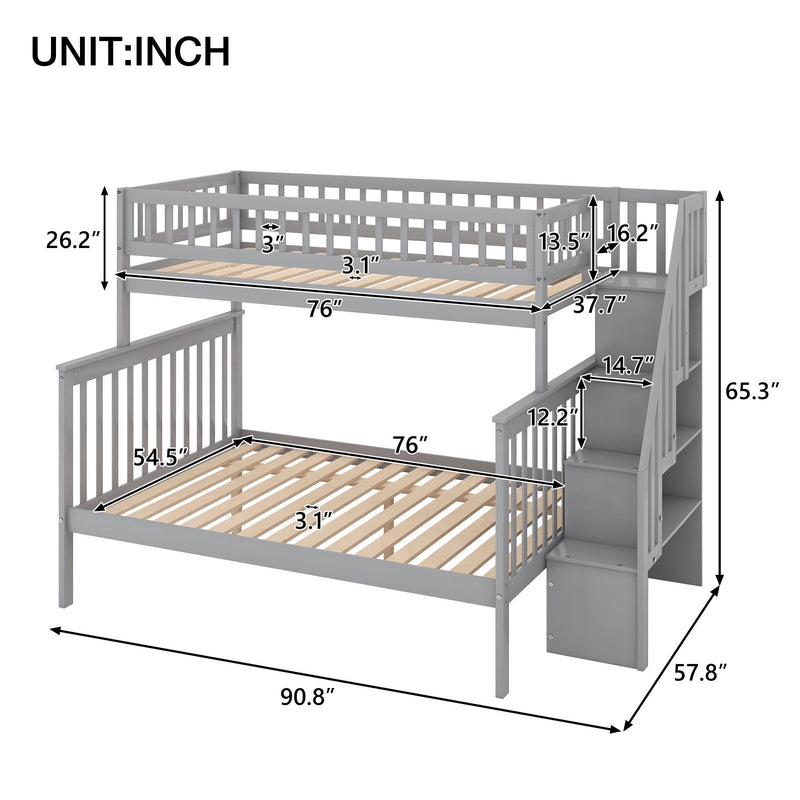 Twin Over Full Stairway Bunk Bed With Storage - Gray