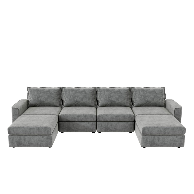 Chenille Modular Sectional Sofa, U Shaped Reversible Couch, Free Combination, 6 Seat Sleeper Sofa Bed With Ottoman, Convertible Oversized Indoor Furniture For Living Room - Gray