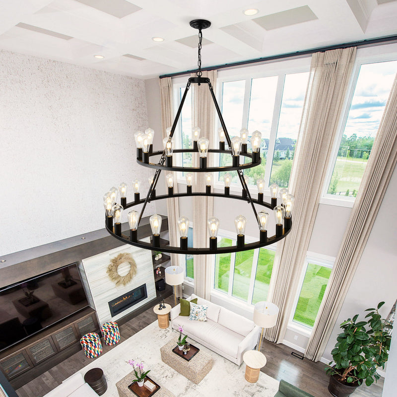 Extra Large Wagon Wheel Chandelier, 2 Tier 36 Lights (No Include) Farmhouse Industrial Round High Ceiling Pendant Light Adjustable Chain, For Dining Room, Living Room, Kitchen - Black
