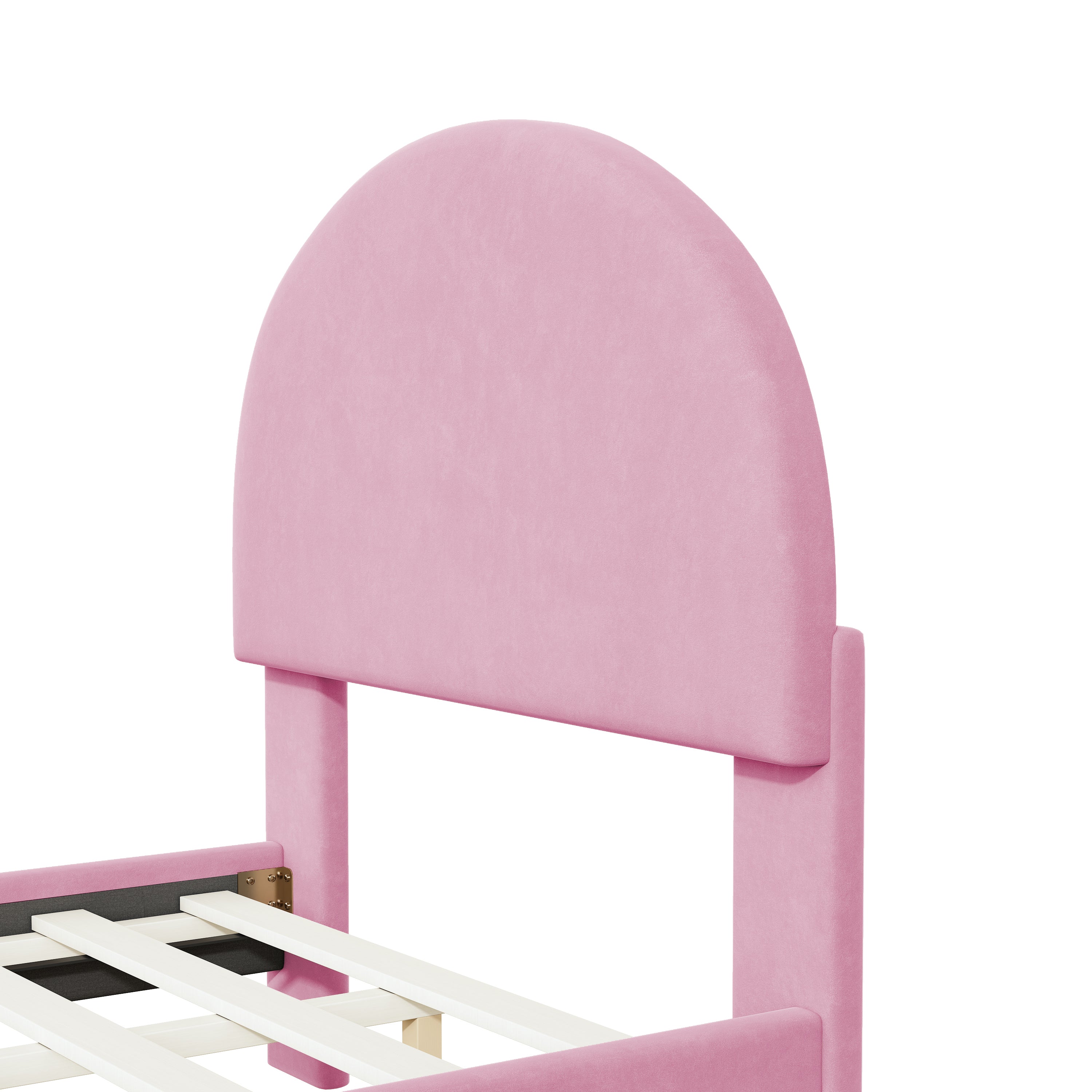 Twin Size Upholstered Platform Bed with Classic Semi-circle Shaped headboard and Mental Legs, Velvet, Pink - Atlantic Fine Furniture Melbourne FL