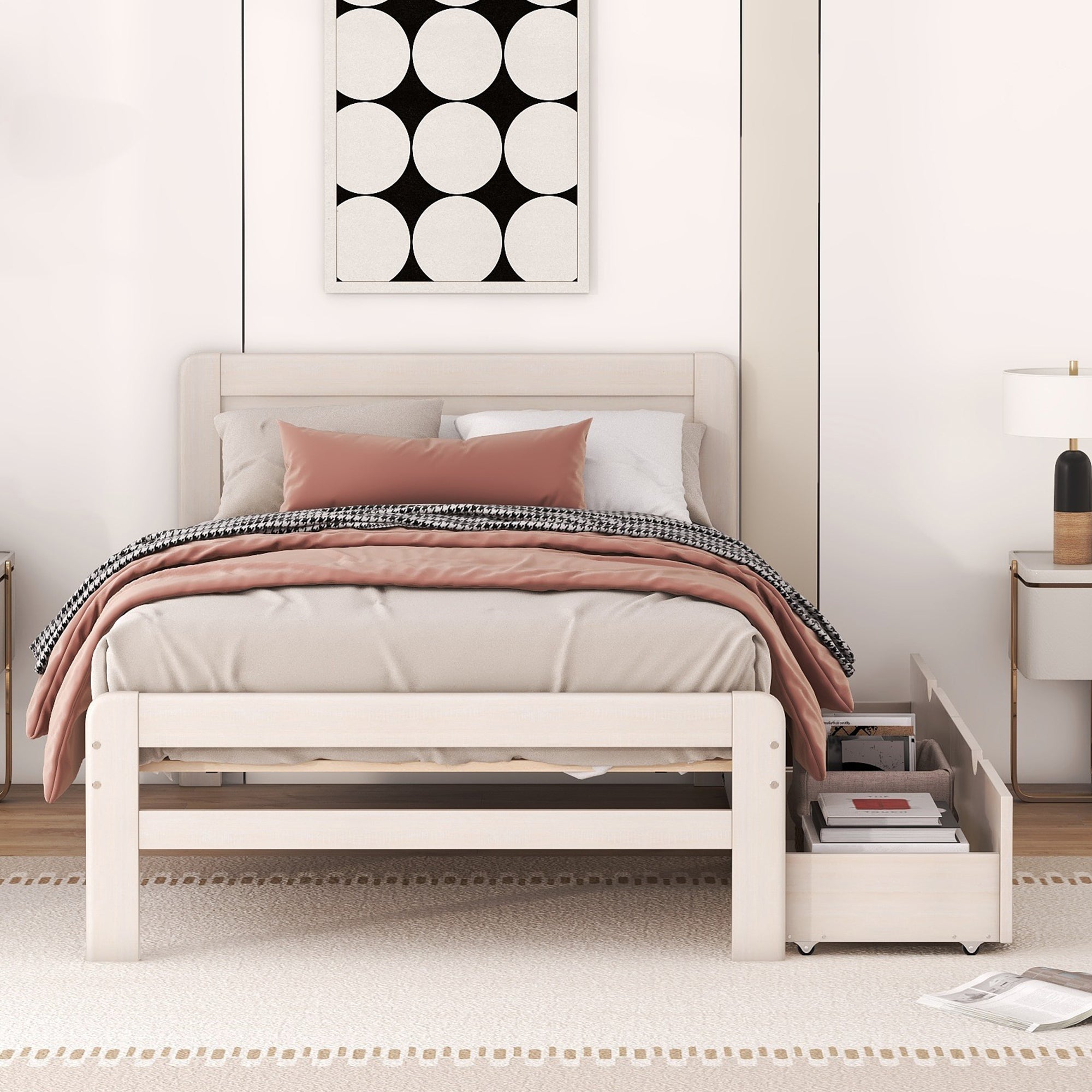 Modern Design Twin Size Platform Bed Frame with 2 Drawers for White Washed Color - Atlantic Fine Furniture Melbourne FL