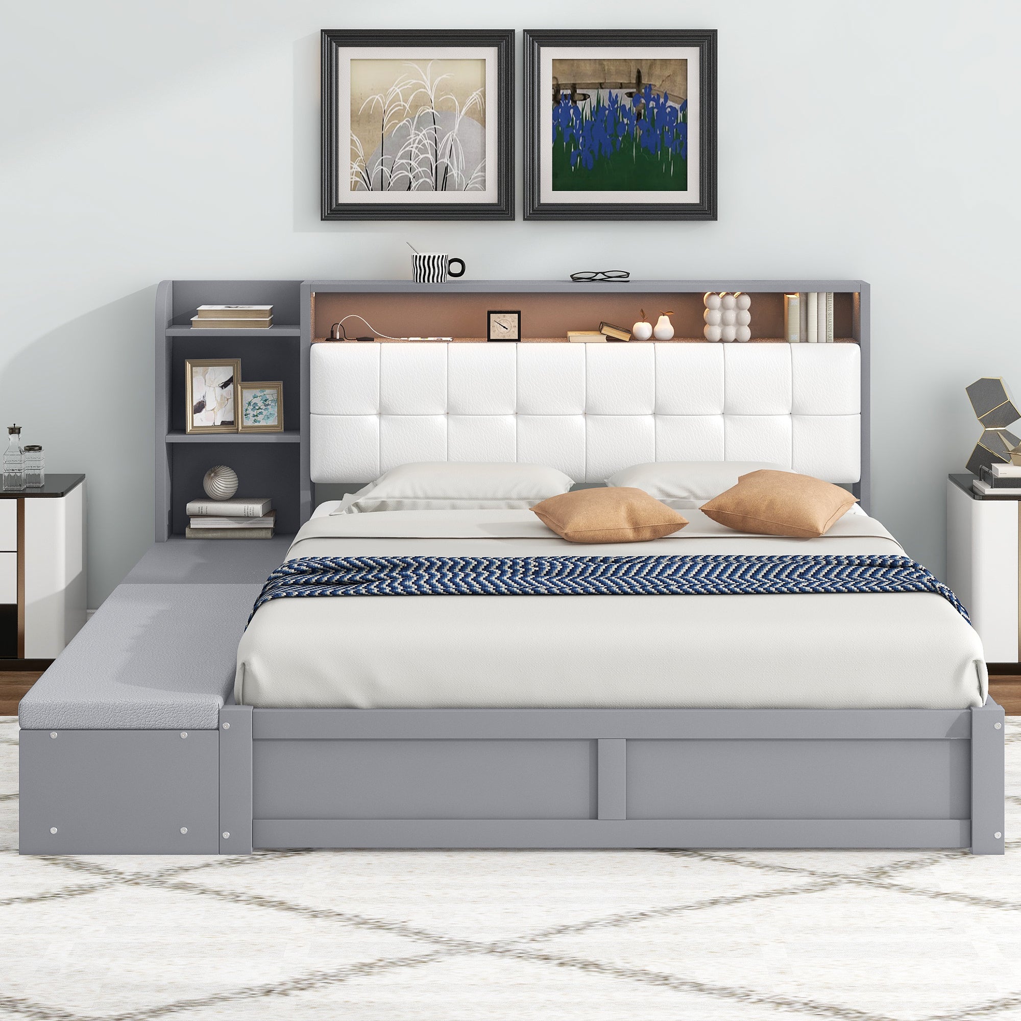 Queen Size Platform Bed Frame with Upholstery Headboard and Storage Shelves and,USB Charging,Gray - Atlantic Fine Furniture Melbourne FL