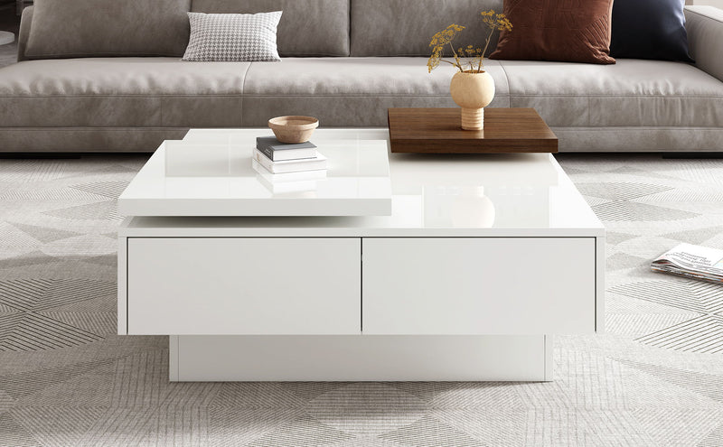 Movable Square Top Coffee Table With 4 Hidden Storage Drawers