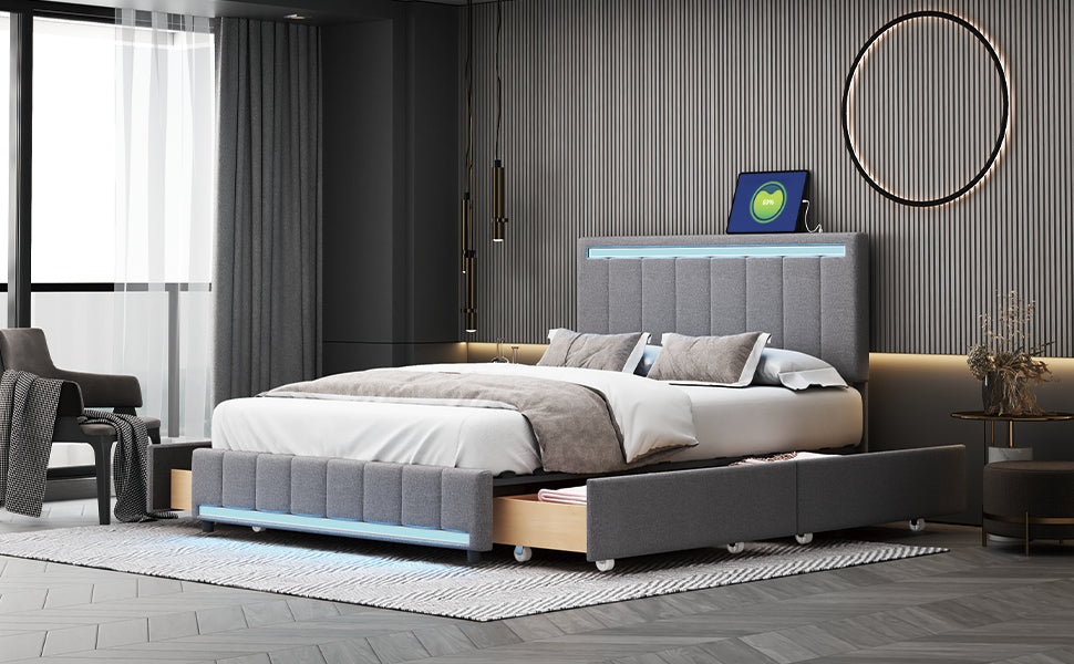 Full Size Upholstered Bed with LED Light and 4 Drawers,  Modern Platform Bed with a set of Sockets and USB Ports, Linen Fabric, Gray - Atlantic Fine Furniture Melbourne FL