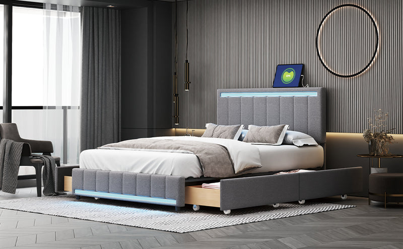 Full Size Upholstered Bed with LED Light and 4 Drawers,  Modern Platform Bed with a set of Sockets and USB Ports, Linen Fabric, Gray