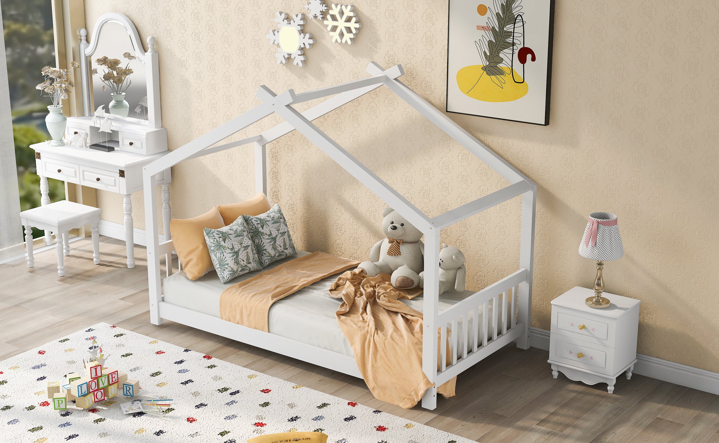 Twin Size House Platform Bed with Headboard and Footboard,Roof Design,White - Atlantic Fine Furniture Melbourne FL