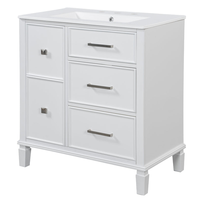Bathroom Vanity With Ceramic Sink, Flip Out Drawer Design For Plumbing, Soft Close Drawers