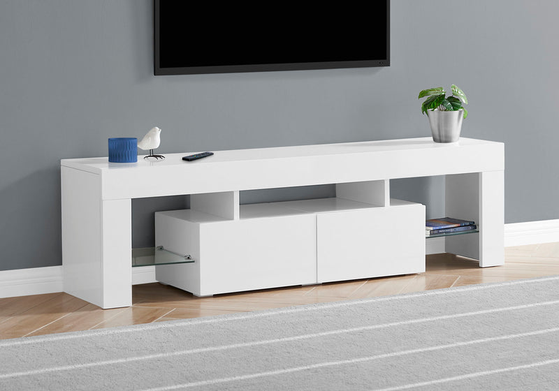 TV Stand, Console, Media Entertainment Center, Storage Cabinet, Glossy Contemporary & Modern - White