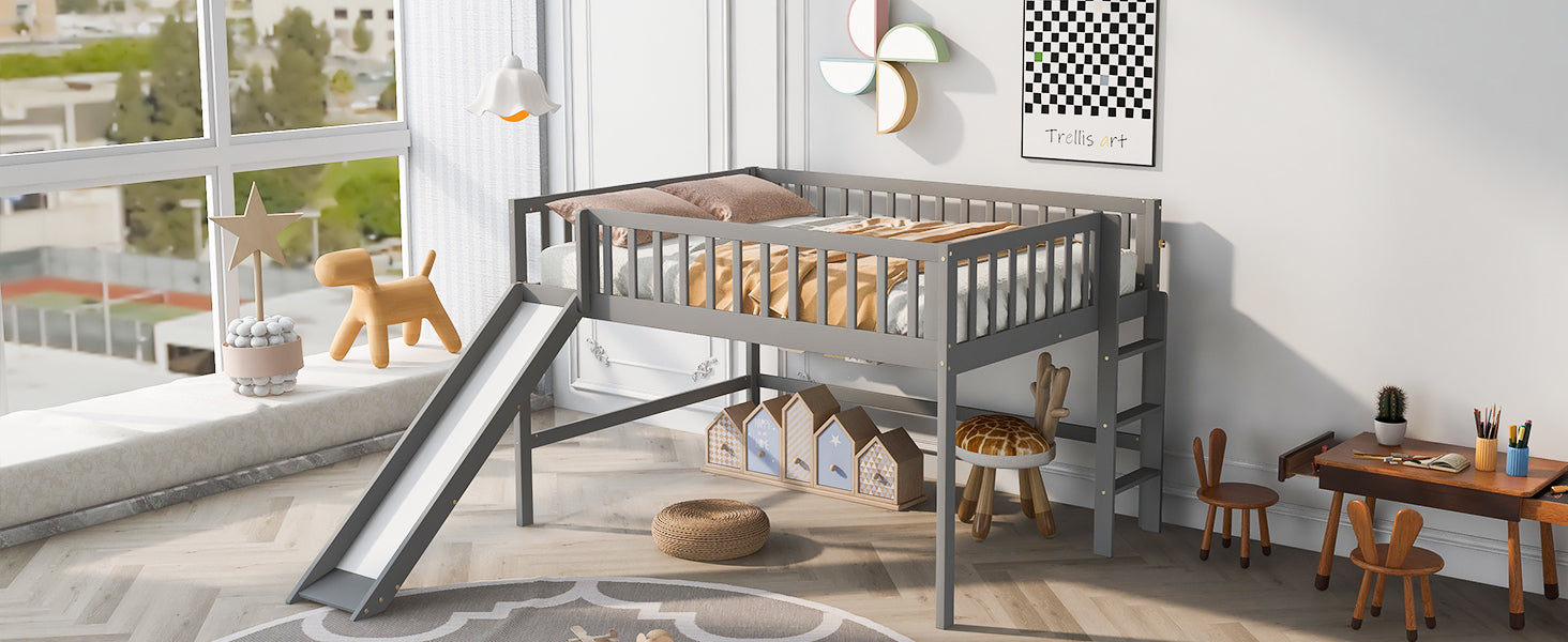 Full Size Low Loft Bed with Ladder and Slide,Gray - Atlantic Fine Furniture Melbourne FL