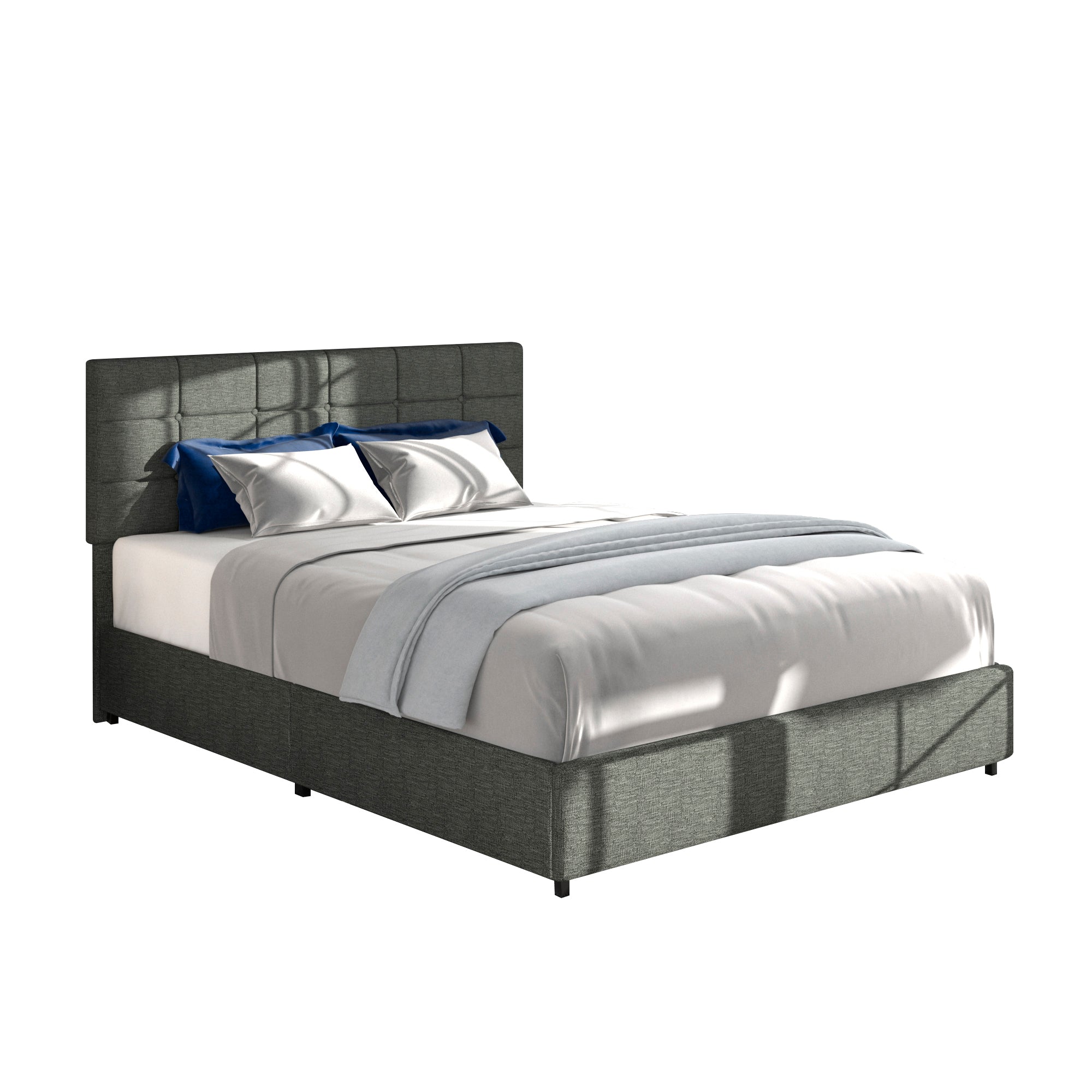 Vera Full Size Gray Linen Upholstered Platform Bed with Patented 4 Drawers Storage, Square Stitched Button Tufted Headboard, Wooden Slat Mattress Support No Box Spring Required - Atlantic Fine Furniture Melbourne FL