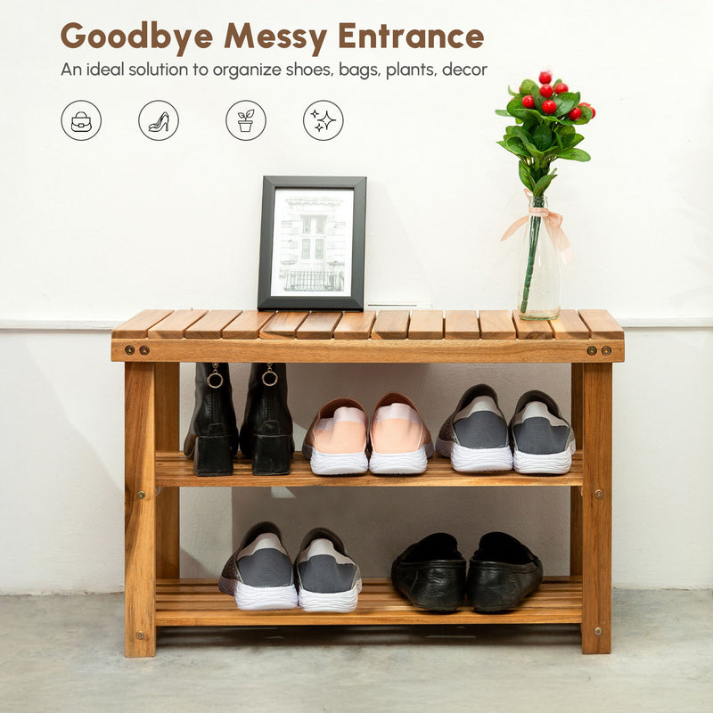 Shoe Rack Bench, 2 Tier Organizer For Entryway - Acacia Wood