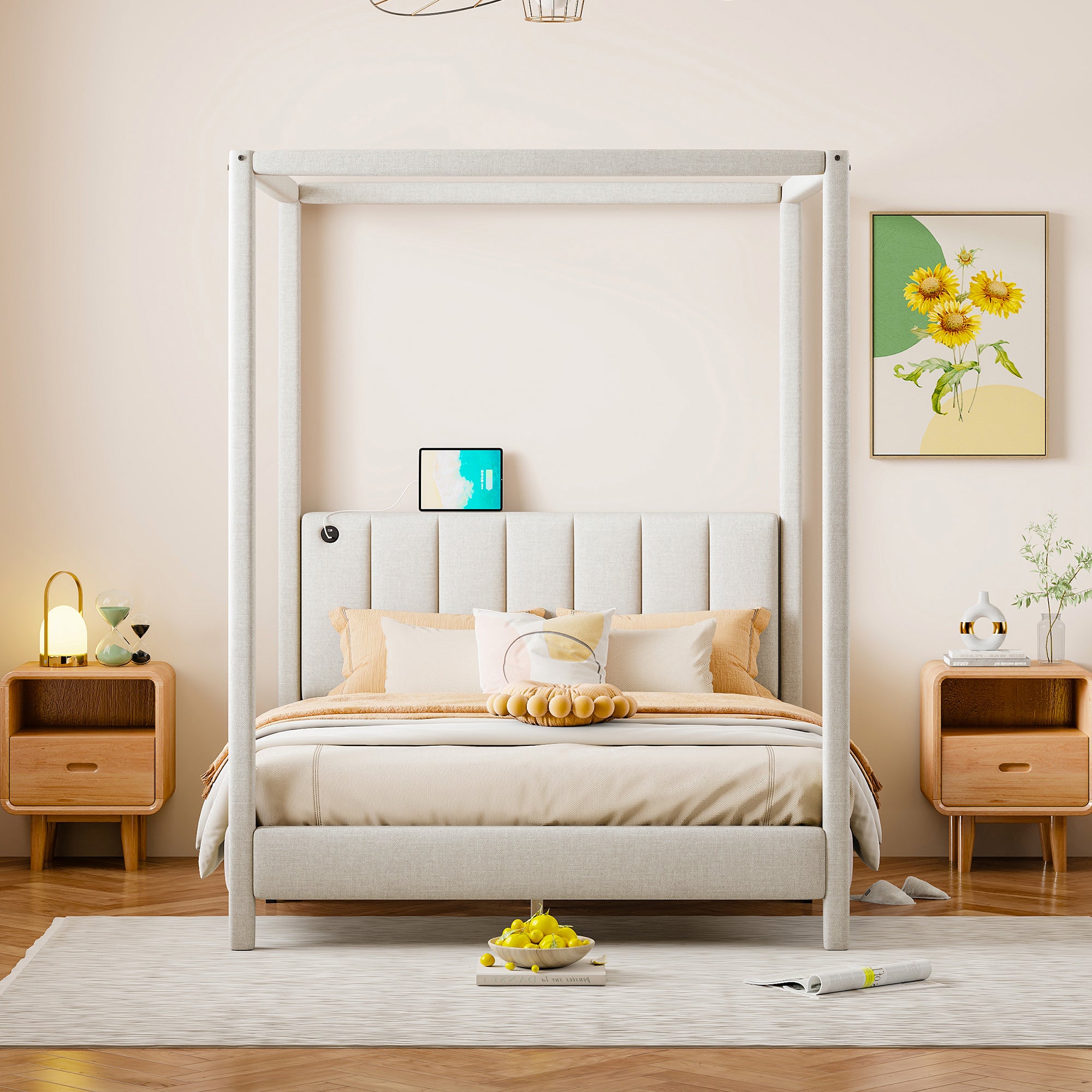 Full Size Canopy Platform Bed with USB and Type-C Ports, Canvas, Beige - Atlantic Fine Furniture Melbourne FL