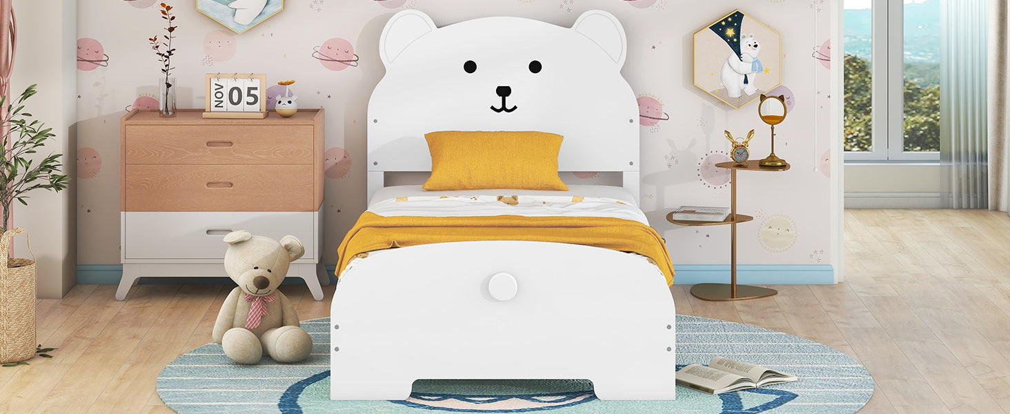 Twin Size Wood Platform Bed with Bear-shaped Headboard and Footboard,White - Atlantic Fine Furniture Melbourne FL
