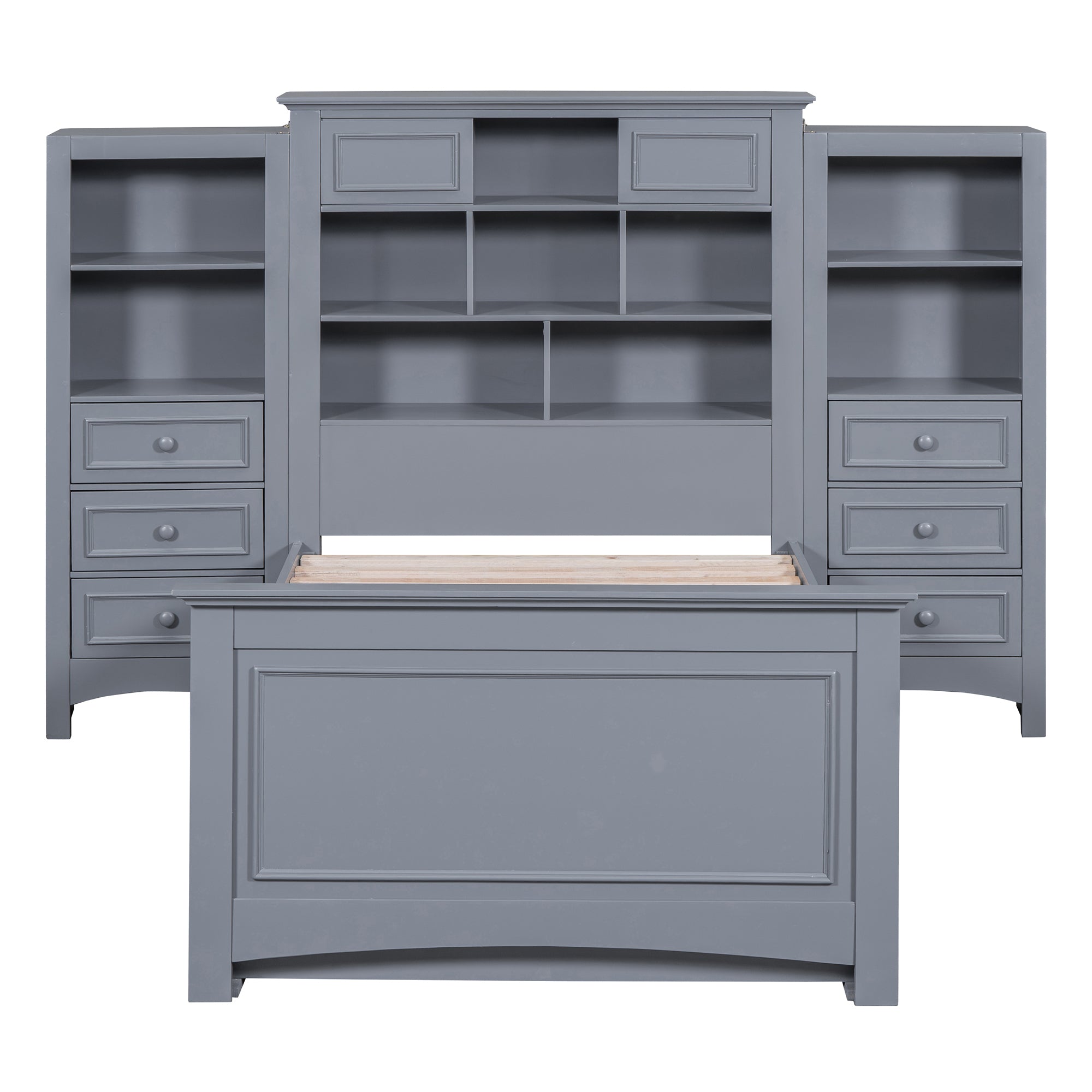 Twin Size Wood Platformbed with Vertical All-in-One Cabinet and 4 Drawers on each side, Gray - Atlantic Fine Furniture Melbourne FL