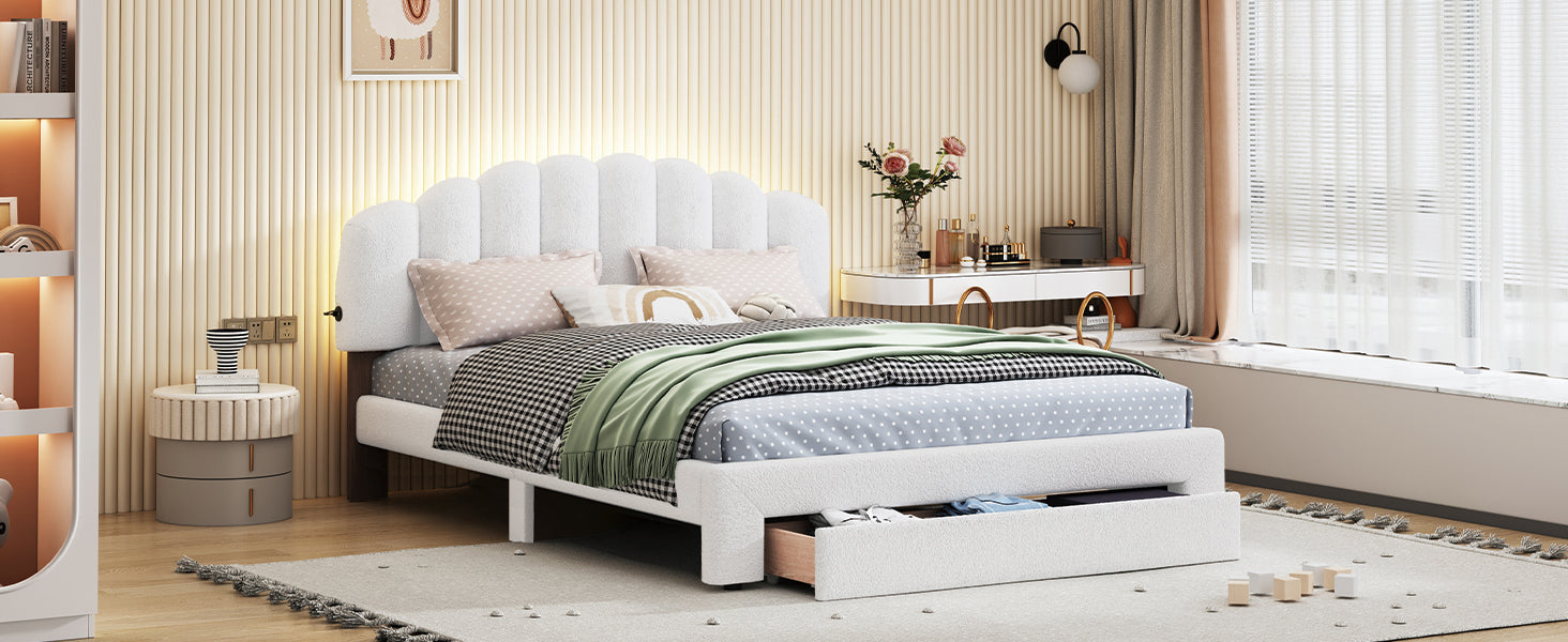 Teddy Fleece Queen Size Upholstered Platform Bed with Drawer, White - Atlantic Fine Furniture Melbourne FL